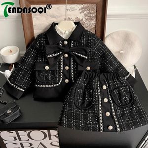 2 à 8 ans Girls Tweed 2pcs sets d'hiver Children Costumes à manches longues Big Bow Single Breasted Cardigan CoatElastic Wirt 240229