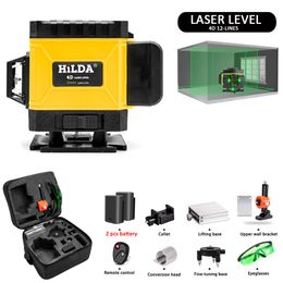 Niveau Laser 3D à 2 batteries, 12 lignes à nivellement automatique, croix horizontale et verticale à 360 °, faisceau Laser vert Super puissant