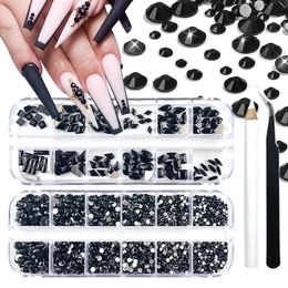 2 Cajas 12 cuadrículas Black Clear Nail Art Decoration Rhinestones establecidos redondos Gems Gems Suministros para Professional 240415