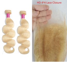 2 paquetes con HD 4*4 Cierre de encaje Extensiones de cabello humano peruano 613# color rubio ola de cuerpo recto Parte 10-30 pulgadas