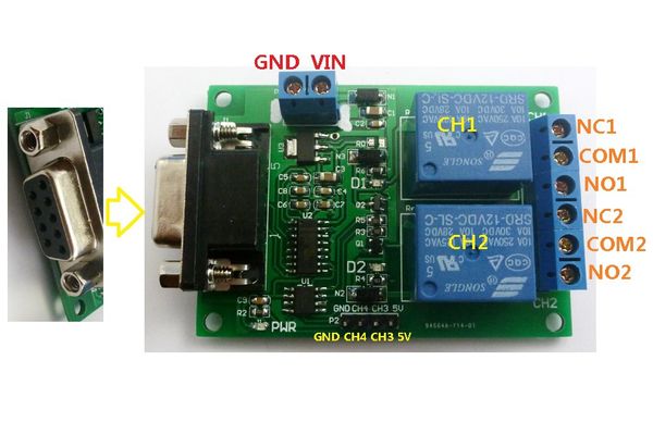 Livraison gratuite Module de relais de port série à 2 canaux DC 12V PC Ordinateur USB RS232 DB9 RS485 UART Télécommande Commutateur pour Smart Home