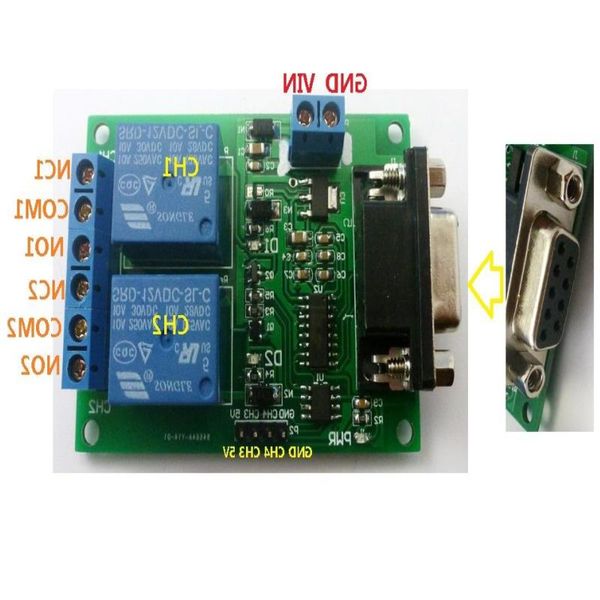Freeshipping Module de relais de port série à 2 canaux DC 12V PC Ordinateur USB RS232 DB9 RS485 UART Carte de commutation de télécommande pour Smart Home Coudt