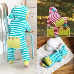 2 kleur baby boy girl ins streep haar bol rompers kinderen ins cartoon katoen katoen met lange mouwen capuchon rompers babykleding z11