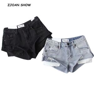 2 Kleur Hight Street Hoge Taille Roll Up Cuffs Short Denim S Ripped Broek Sexy Zomer Wide Been Jeans Dames 210429