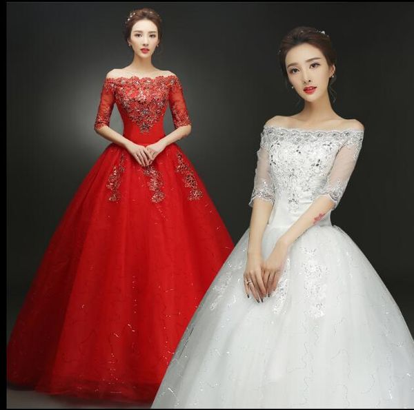 2 couleur Vente Chaude Sexy Rouge 2016 Nouvelle Arrivée Cou De Bateau Demi Dentelle Rouge Matériel Princesse Bling Robe De Mariée Sur Mesure Robe De Bal