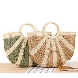 2-kleuren nieuwe eenvoudige met de hand gekarranged stro gevlochten tas vaste kleur casual handgeweven handgeweven zomer strandfotozak voor vrouwen