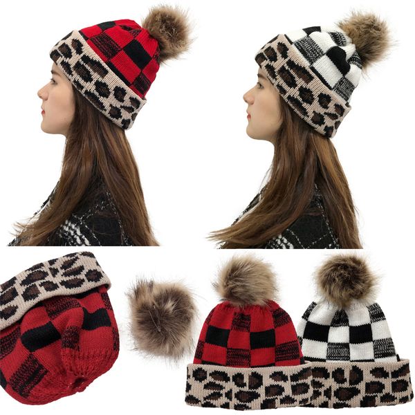 Chapeau en tricot chaud de noël, 2 couleurs, boule de poils détachable, imprimé léopard, chapeau en laine à carreaux, mode femme, chapeau chaud à bords bouclés pour l'extérieur