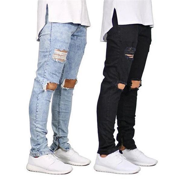 Hommes Jeans 2 Couleurs Hommes Casual Genou Trou Zipper Conception Taille Élastique Crayon Slim Fit À La Mode Urbain Vent Style Cool Pantalon