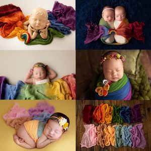 2 kleuren regenboog katoenen garen wrap pasgeboren stretch swaddling fotografie rekwisieten baby deken zachte foto rekwisieten dekens voor 0-2 m baby
