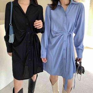 2 kleuren lente lange mouwen shirt jurk vrouw dame losse effen kleur shirt casual herfst blauw maxi jurk dames (XH30062 210423
