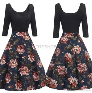 Entrega en 2 días Rockabilly de los años 50 Vestidos vintage para mujer Vestido de fiesta informal Una línea Escote redondo Flora Impreso Elegante vestido negro para mujer En stock FS2727