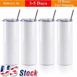 2 dagen levering 20oz sublimatietumblers met plastic rietje 304 roestvrij staal rechte lege mokken Outdoor Doubel Wall Thermosbekers Us Local Warehouse SS1119