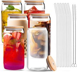 Livraison en 2 jours Expédier en 24H 12oz 16oz Tasses en verre de sublimation Tasses vierges avec couvercle en bambou Verres de canette de bière givrée Boule à neige Tumbler Mason Jar Paille en plastique G0816