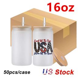 Tasses à bière en verre à sublimation avec couvercle en bambou, paille, 16oz, vierges de bricolage, gobelets transparents givrés en forme de canette, tasses à transfert de chaleur, tasses à café glacé pour cocktails, livraison en 2 jours