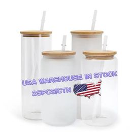 Livraison sous 2 jours US Warehouse 16 oz Sublimation Verre Chopes à Bière avec Couvercle en Bambou Paille DIY Blancs Givrés Transparents en Forme de Canette Gobelets Tasses Transfert de Chaleur Cocktail