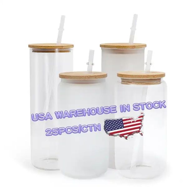 Livraison sous 2 jours US Warehouse 16 oz Sublimation Verre Chopes à Bière avec Couvercle en Bambou Paille DIY Blancs Givrés Transparents en Forme de Canette Gobelets Tasses Transfert de Chaleur Cocktail tt0408