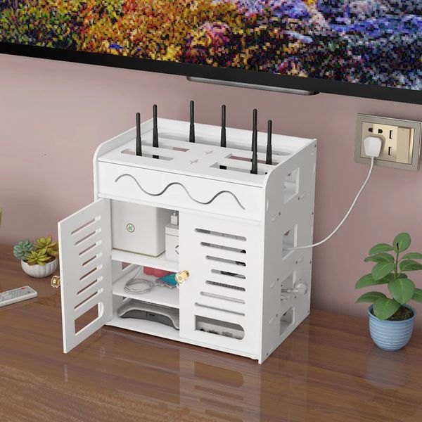 2 funciones Wireless Wifi Router Caja de almacenamiento Panel Estante Colgante de pared / En el escritorio Enchufe superior Soporte de tablero Organizador de almacenamiento de cables 240125