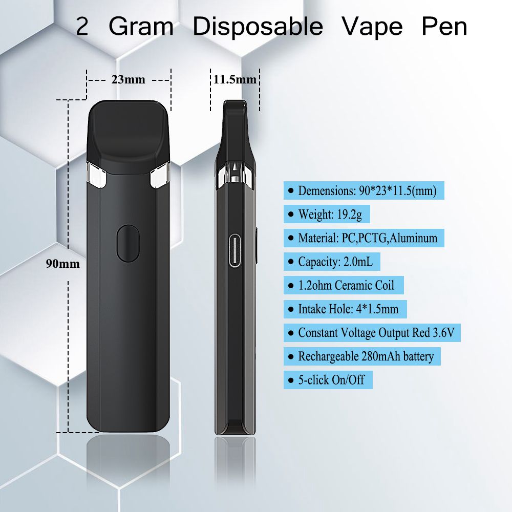 2 gramas de cigarros de caneta vape descartável 280mAh Bateria recarregável Cenas de vaporizador vazio 2,0 ml kits iniciantes vaping personalizados disponíveis