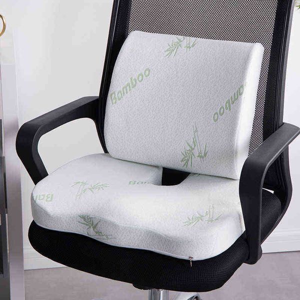 Cojín de asiento de espuma con memoria de fibra de bambú 2 en 1, cojín trasero, juego de soporte de cintura de rebote lento para el hogar, oficina, cuidado de la salud, almohadilla para silla L220608