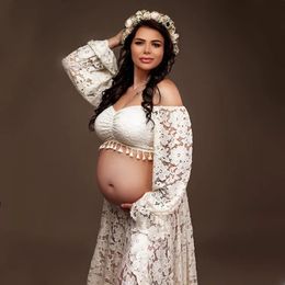 2 In 1 Boho Maternity Pography Outfit Dress Boheemse zwangerschap Po Shoot lange jurken Zwangere vrouw 240326