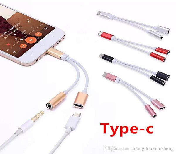 2 en 1 cargador y audio typec auriculares auriculares USBC Jack adaptador cable al auricular Aux de 35 mm para teléfonos inteligentes S8 S101102431