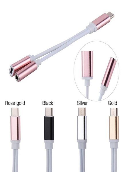 Cargador 2 en 1 y adaptador de audio Cables tipo C Auriculares Auriculares Adaptadores Jack Cable conector Auriculares auxiliares de 3,5 mm para teléfonos Android6346124