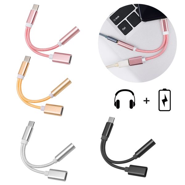 2 en 1 Chargeur Audio Type C Adaptateurs Câbles Tressés Écouteurs Jack Adaptateur Connecteur Câble 3.5mm Aux Casque Pour Samsung Téléphones Android