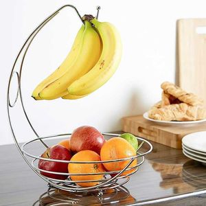 2 en 1 Creative Lovely Chrome Banana Hanger Fruit Bowl Tree Holder Storage Basket Stand Hook 210609