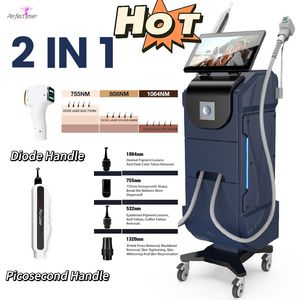 2 en 1 diode Machine de cheveux laser Pico Picosecond Lazer Tattoo Retroval Black Skin Color Nd Yag Beauty Machine Pigmentation Mélasma Réduction Whitening PerfectLaser