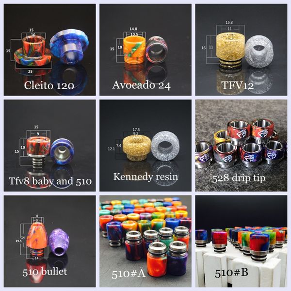 10 styles Cleito 120 Avocado 24 TF12 TFV8 TFV8 Baby Goon 528 Kennedy 24 Bullet Résine époxy Drip tip Wide Bore 510 DHL