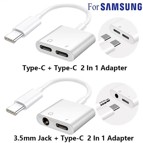 2 en 1 Câble adaptateur à double type C de type C pour Samsung S20 S10 Huawei USB Type-C à 3,5 mm AUX Audio Contracineur Convertisseur de chargement