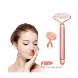 2 EN 1 Électrique Rouleau De Jade Minceur Massage Du Visage Ascenseur Vibrant Cristal Naturel Rose Quartz Rouleaux De Visage Pierre Beauté Peau Detox BJ