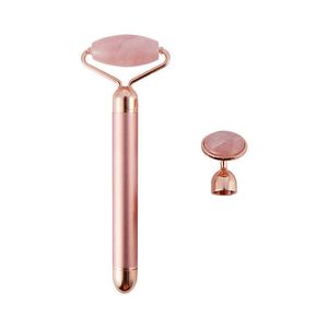 2 en 1 1 rouleau de jade vibrant électrique Natural Rose Quartz Crystal Stone Facial Masseur Masseur