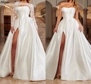 2 en 1 élégant satin une ligne robes de soirée avec dentelle amovible manches longues chérie sexy dos nu robes de bal femmes grande taille balayage train vêtements de cérémonie CL3447