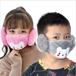 2 en 1 masque facial avec cache-oreilles enfants dessin animé impression bouche masque anti-poussière en peluche masques d'hiver bouche-moufle oreillette pour enfants LSK1784