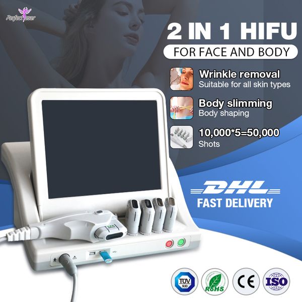 Machine HIFU 2 en 1, dispositif de raffermissement de la peau à ultrasons focalisés de haute intensité pour sculpter le visage et le corps, équipement amincissant, 5 cartouches