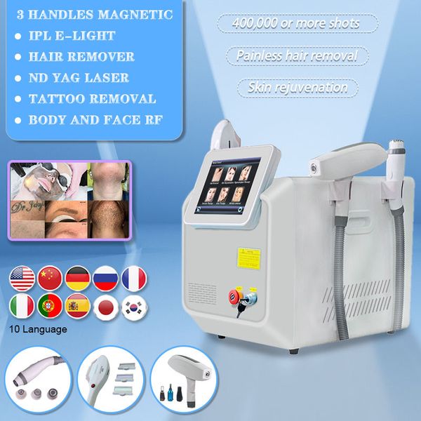 Máquina de depilación IPL 3 en 1 elight opt ipl láser nd yag eliminación de tatuajes con láser equipo de salón de belleza Estiramiento de la piel Blanqueamiento Tratamiento del acné Eliminación de pigmentos