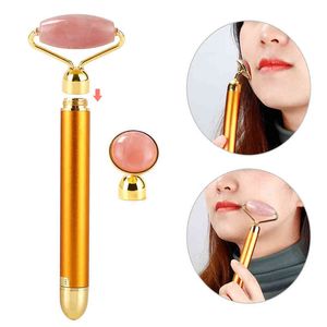 2 In 1 Jade Massage Roller Elektrische gezicht Vibratie Massager Eyes Verzorging Tool Face Anti Wrinkle Firming Lift Stick Promoot Cream 220514