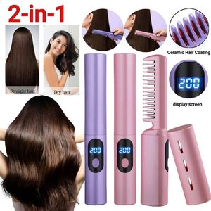 Lisseur de cheveux paresseux 2 en 1, peigne 1500mAh, Rechargeable par USB, Mini brosse à chauffage rapide, outil de coiffure 240126