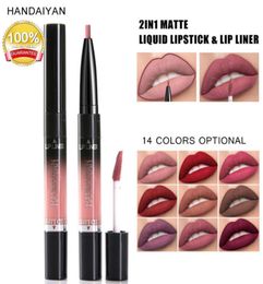 2 in 1 Matte Vloeibare Lip Lipsick Liner Langdurige Pigmenten Naakt Kleur Lipgloss Pen Make-up Cosmetica bea158 HANDAIYAN1177726