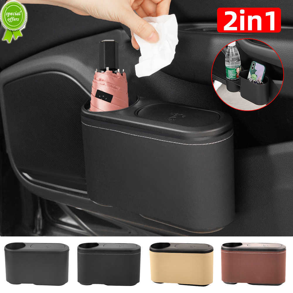 2 In 1 Multifunction Mini Car Trash Can with Lid and Cup Holder Universal Car Seat Organizer for Cell Phone Can Store Umbrella