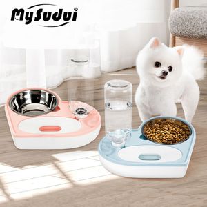 2 In 1 Pet Dog Cat Water Food Bowl Set automatische dispenser fles afneembaar roestvrij staal kleine puppy Y200917