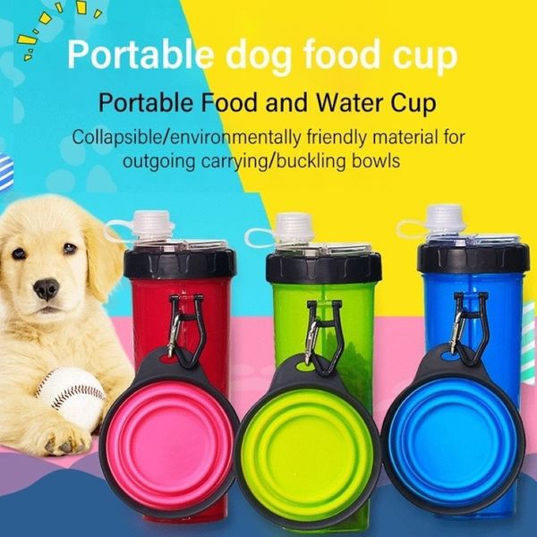 2 en 1 Botella de agua para bebidas de viaje para mascotas Taza de alimentación para perros plegable Taza de viaje Comida al aire libre Dispensador de agua potable Gato Y200922177q