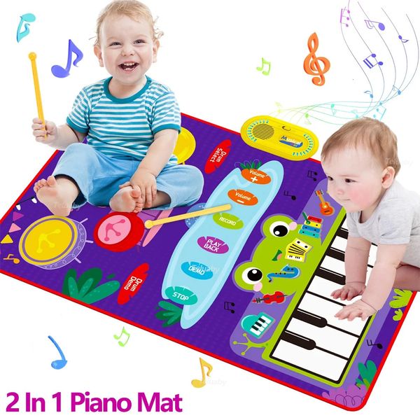 Tapete de Piano 2 en 1 para niños, tambor con palos, música, juego táctil, alfombra, instrumento, juguetes educativos, regalo 240112