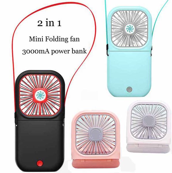 2 en 1 Power Bank pliable Ventilateur de refroidissement Pliant ventilateur de cou suspendu mini bureau de poche Climatiseur sport extérieur Refroidisseur banque d'alimentation de téléphone