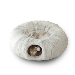 2 in 1 ronde kattenbedden huis grappige kat tunnel speelgoed zacht lang pluche hondenbed voor kleine honden mand kittens bedmat kennel diepe slaap 231222