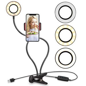 Anillo de luz para Selfie 2 en 1 con soporte para teléfono móvil, lámpara de escritorio con soporte perezoso para maquillaje, transmisión en vivo, cámara LED, brazos flexibles