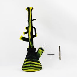 2 en 1 Silicone Beaker Bong 11.4" Muchine Gun AK47 Cire Amovible Dab Huile Sèche Herbe Tabac Fumer Bong Avec Bol En Verre Pointe En Titane