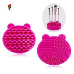 2 in 1 siliconen make-up borstel reinigingsmat met borstel drogen houder borstels schonere mat draagbare beer vormige cosmetische borstelreiniger pad