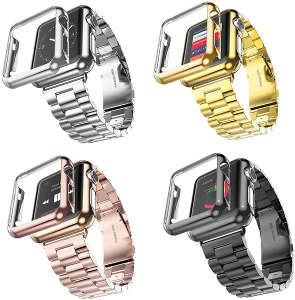 Correa Matal de acero inoxidable 2 en 1 con estuche para Apple Watch Ultra 49 mm 41 mm 45 mm 38 mm 42 mm 40 mm 44 mm Cubierta chapada en oro de lujo iWatch 8 7 6 5 4 Pulsera de 3 correas